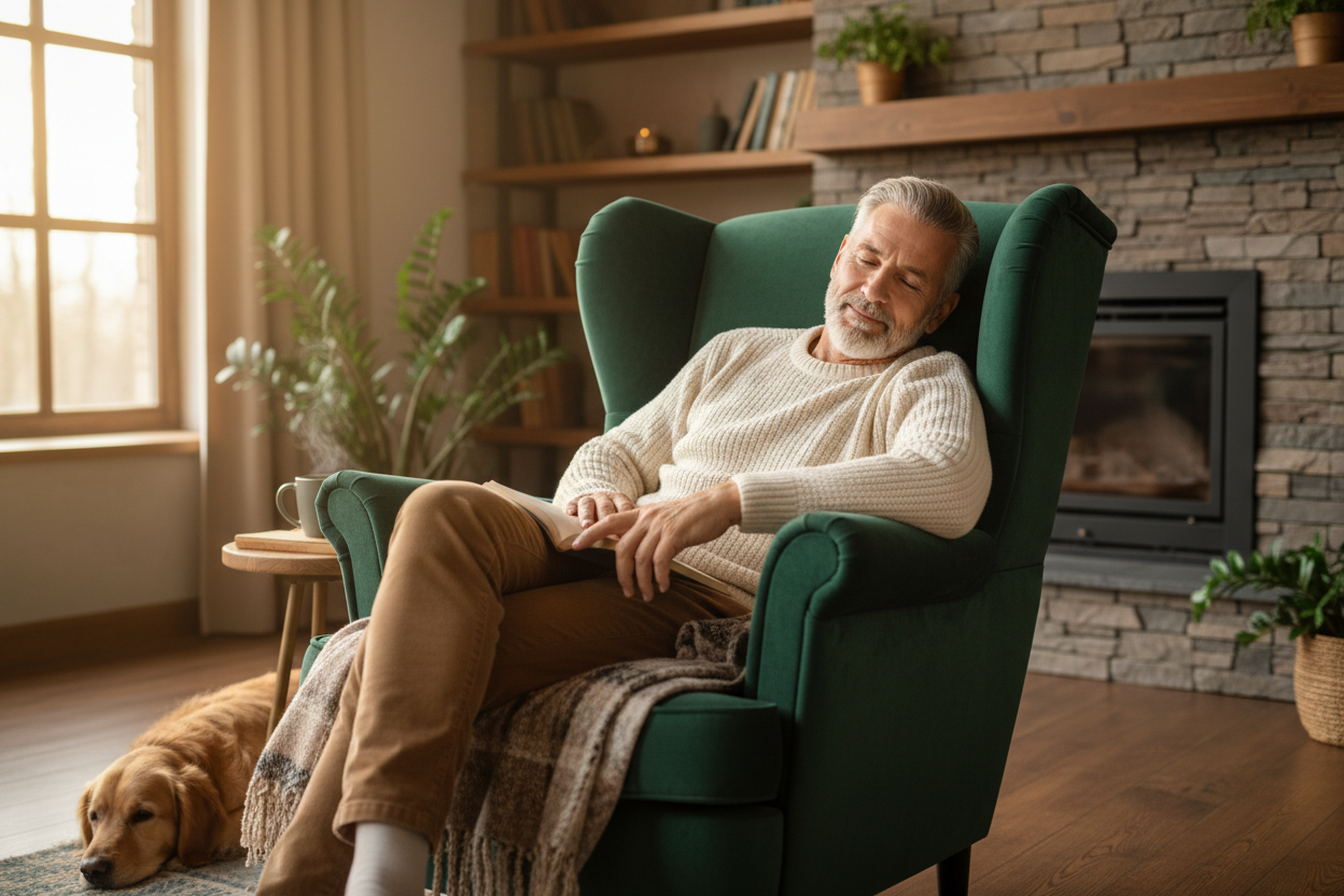 create me a happy 60 year old male in his chair looking very comfortable and calm